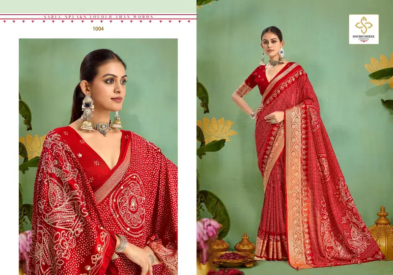 Tulsi Bandhej By Shubh Shree Tusser Silk Designer Saree Wholesale In India